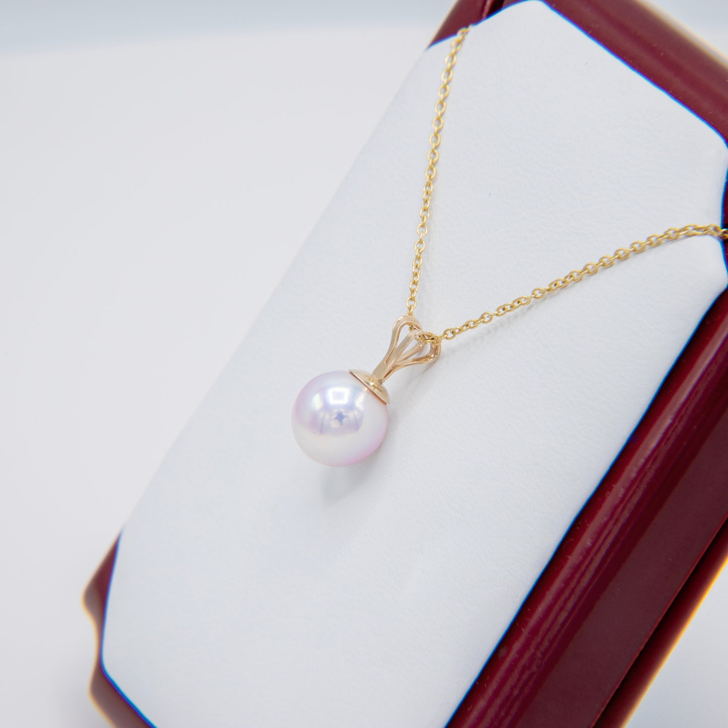 Single Akoya Pearl Pendant Necklace - 8.0mm White Pearl, AA+ Quality, 14K Yellow Gold, Made in Japan