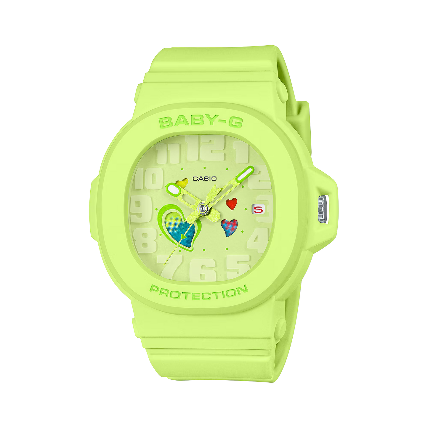 Casio BABY-G BGA10-3A Playful Hearts Series watch in vibrant lime-green resin with color-changing heart-motif dial, Cupid’s arrow seconds hand, detachable bezel revealing hidden heart detail, shock resistance, and 100m water resistance.