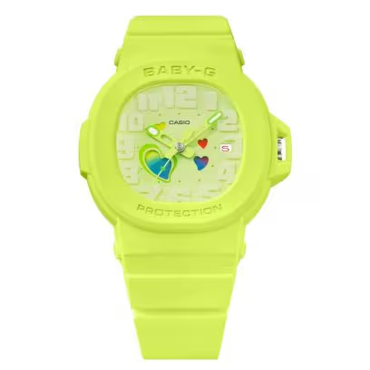 Yellow Casio watch with colorful face on a white background