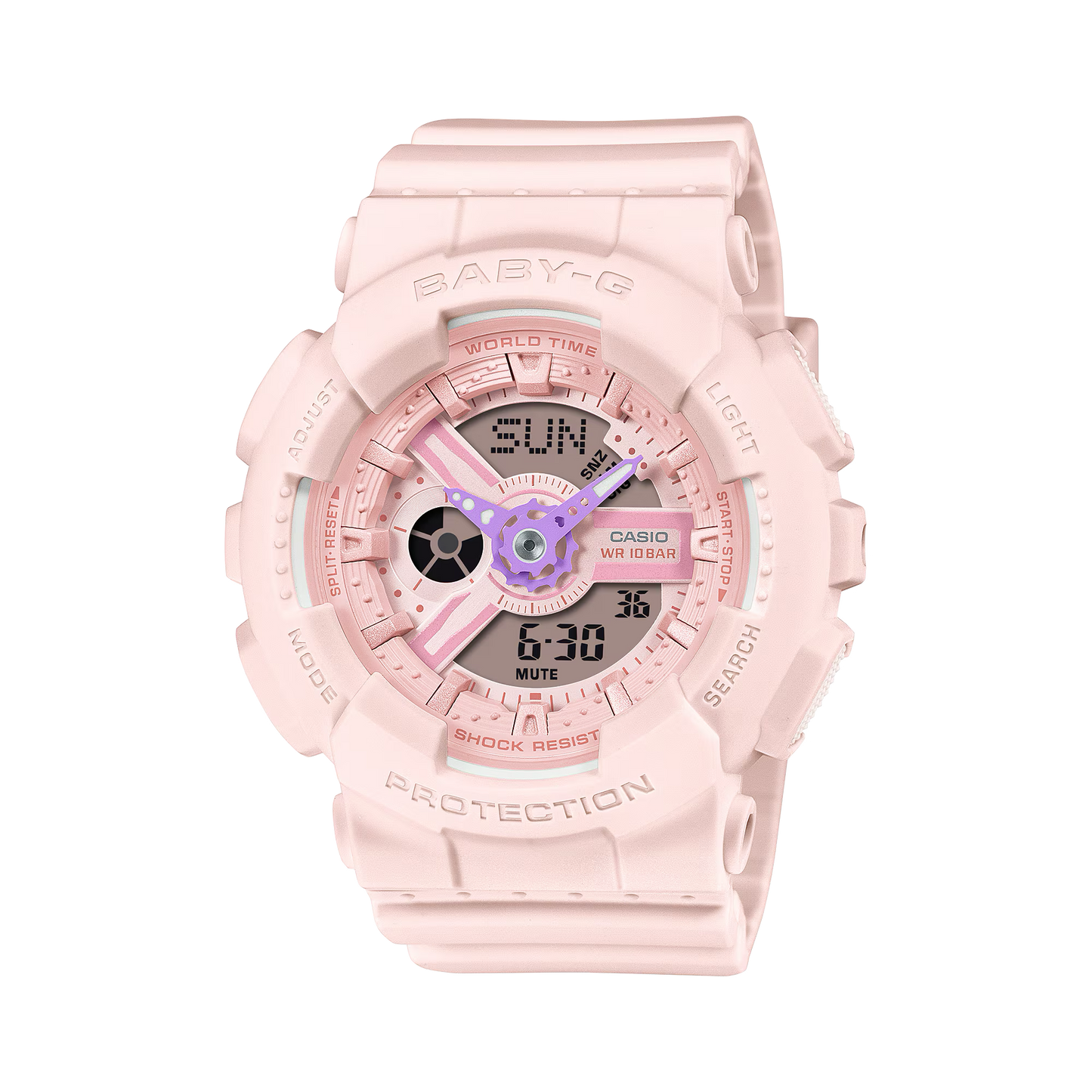 Casio BABY-G BA110AH-4A pastel pink analog-digital women’s watch with colorful accent hands, shock resistance, 100m water resistance, LED amber backlight, world time, stopwatch, and countdown timer.