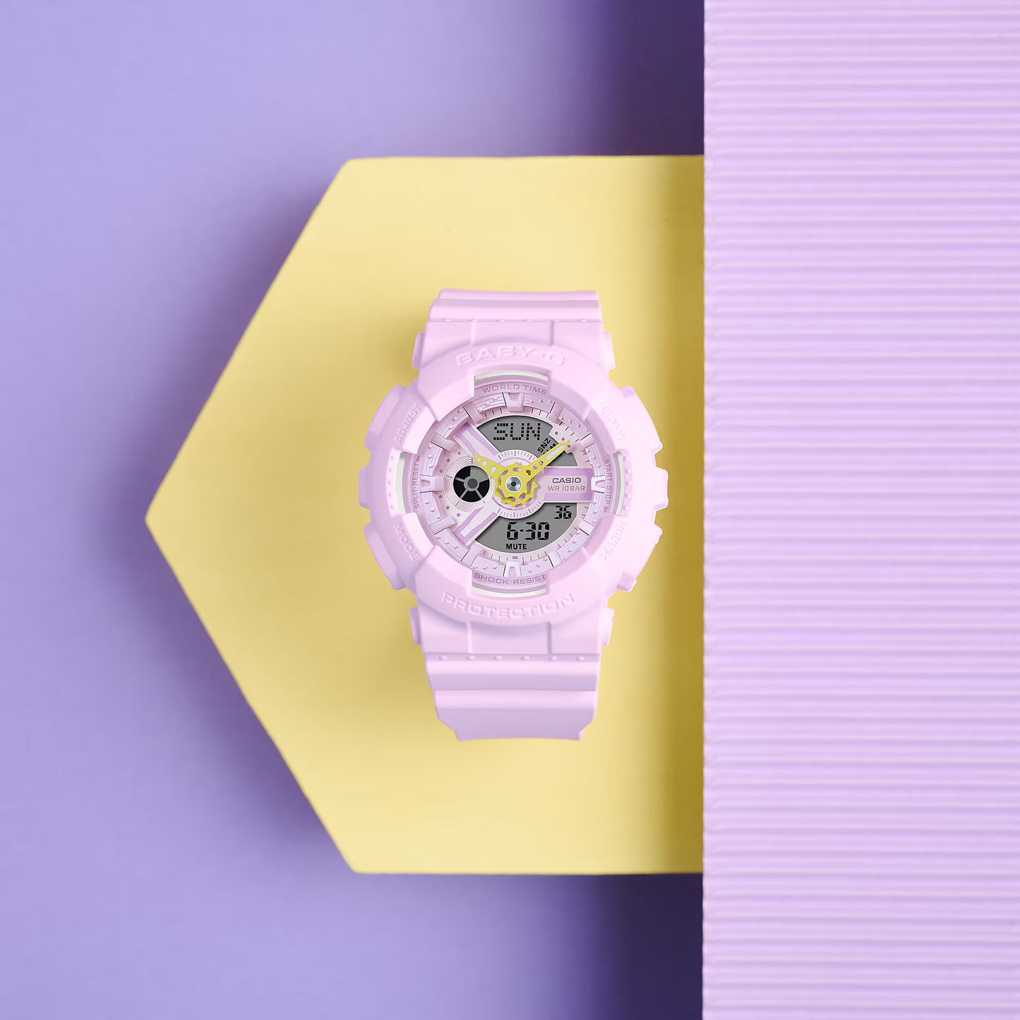 Casio BABY-G BA110AH-6A pastel purple analog-digital women’s watch with vibrant accent hands, shock resistance, 100m water resistance, LED amber backlight, world time, stopwatch, and countdown timer.