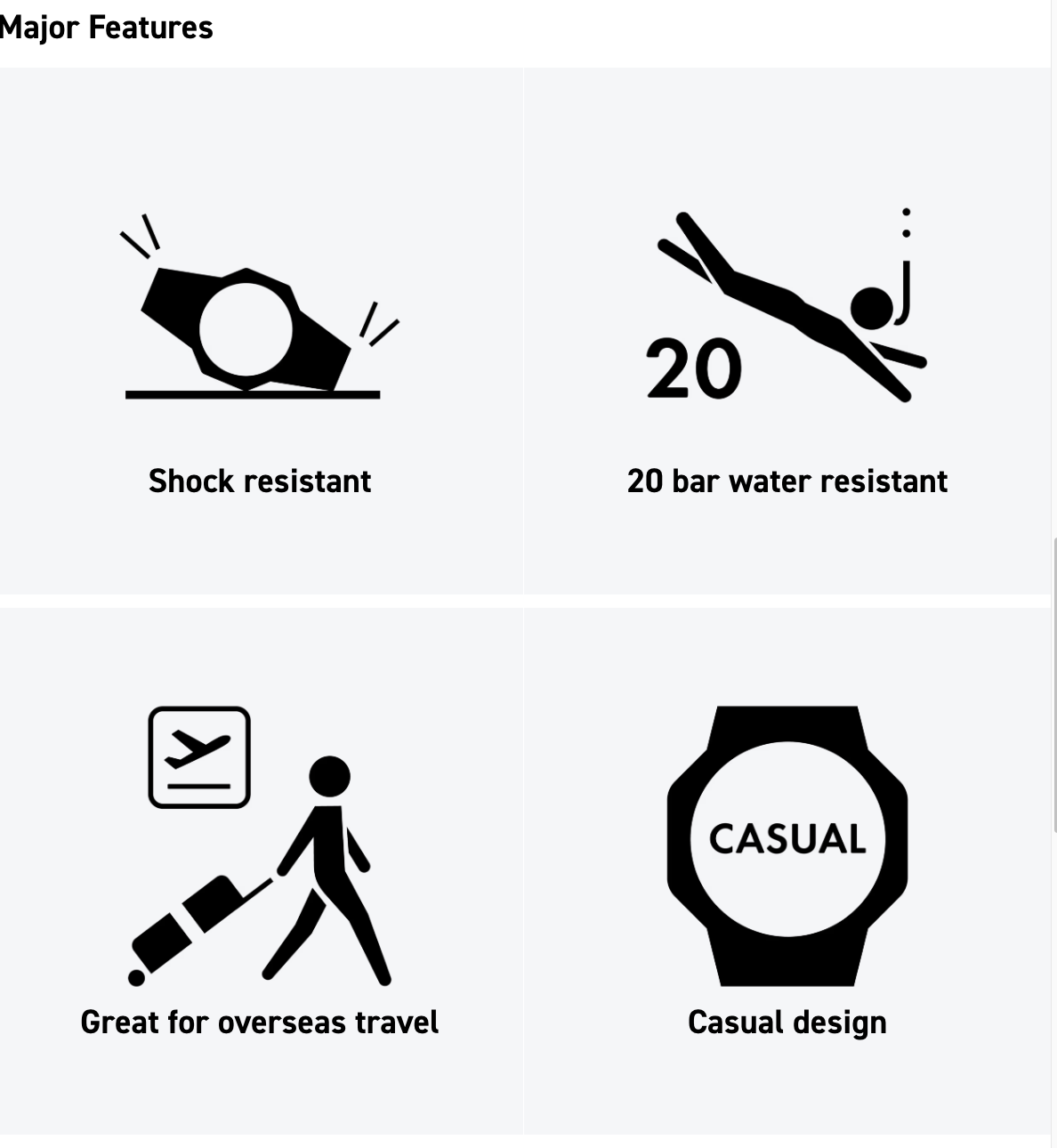 Diagram of a watch with icons and text indicating shock resistance, water resistance, travel suitability, and casual design.
