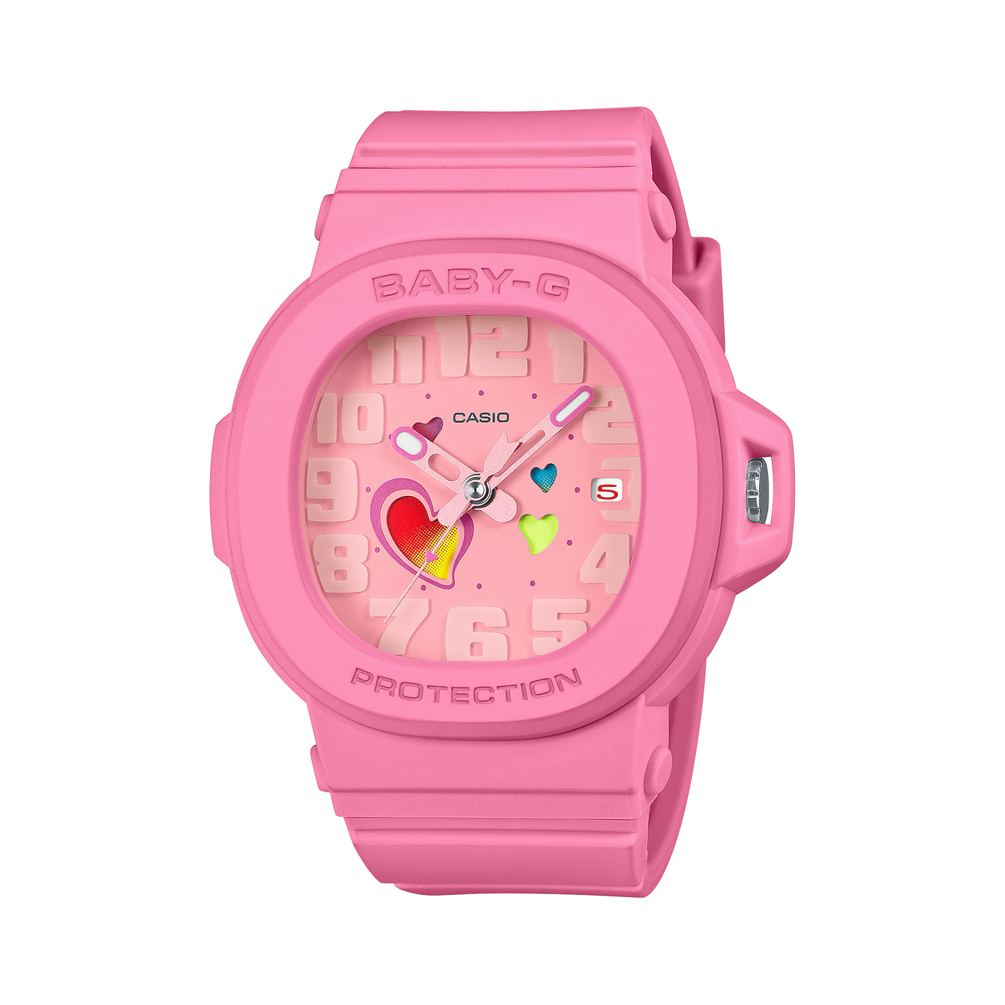 Casio BABY-G BGA10-4A Playful Hearts Series watch in lively pink resin with daily color-changing heart-motif dial, Cupid’s arrow seconds hand, detachable bezel with hidden heart detail, shock resistance, and 100m water resistance.