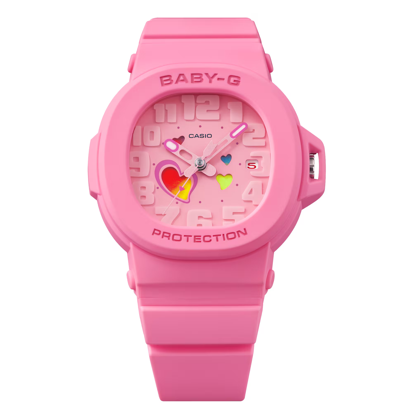 Pink Casio watch with heart designs on a white background