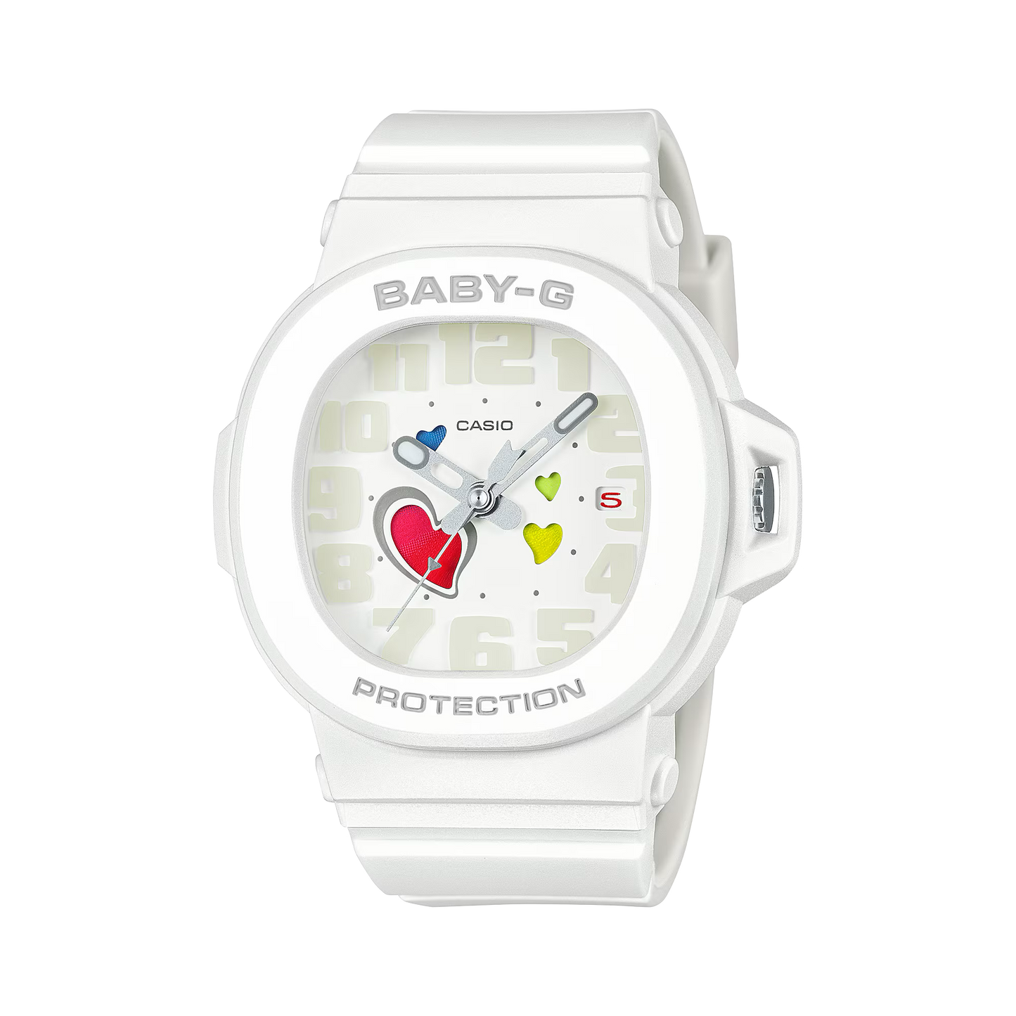 Casio BABY-G BGA10-7A Playful Hearts Series watch with white resin case, color-changing heart-motif dial, Cupid’s arrow seconds hand, detachable bezel with hidden heart detail, shock-resistant build, and 100m water resistance.
