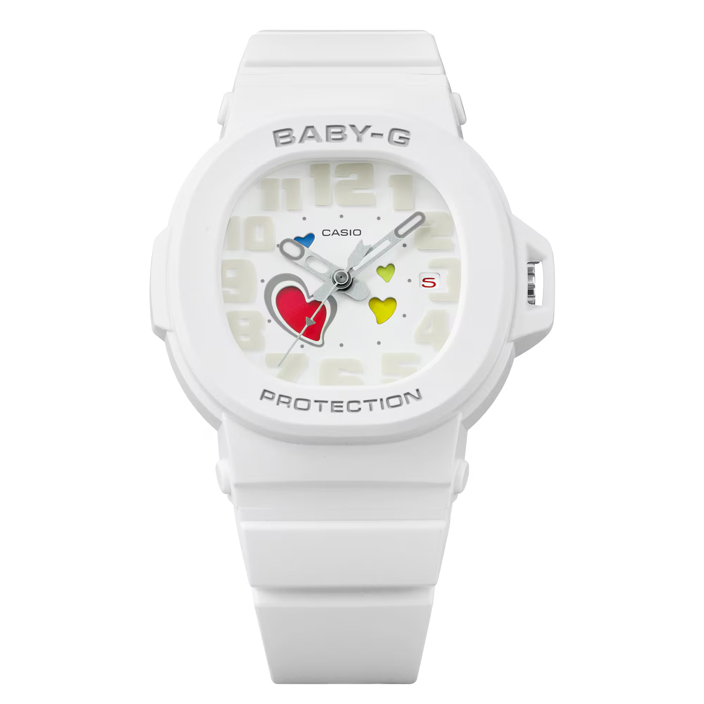 White Casio Baby-G watch with colorful heart design on a white background