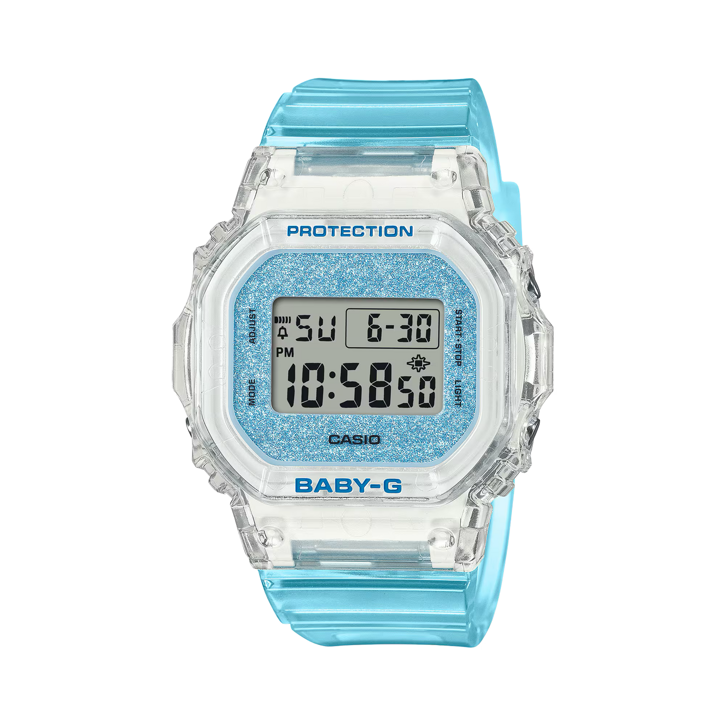 Casio BABY-G BGD565GC-2 women’s digital watch with translucent blue resin case and band, glittering dial, shock resistance, 100m water resistance, LED Super Illuminator, stopwatch, countdown timer, and alarms.