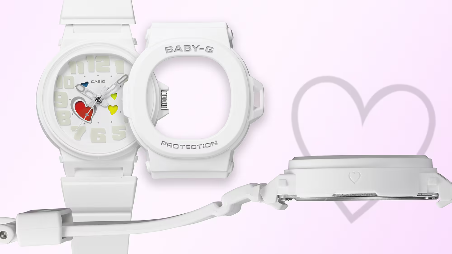 White Baby-G watch with heart designs on a light pink background