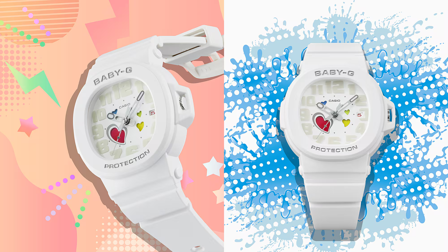 Two white baby-g watches with colorful designs on a gradient background