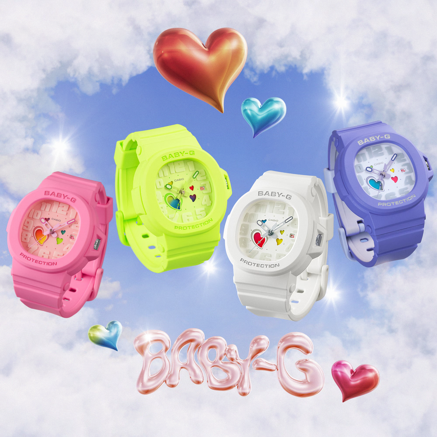 Four colorful Baby-G watches with a heart-shaped balloon and 'Baby-G' text on a cloudy sky background.