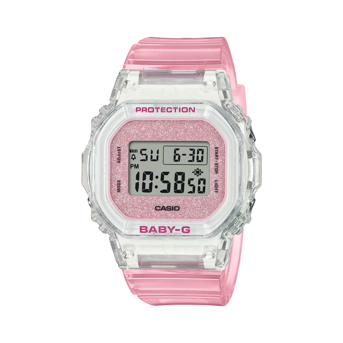 Casio BABY-G BGD-565 Series BGD565GC-4 – clear pink resin watch with glitter dial, compact and lightweight, shock-resistant, 100m water resistance, and Super Illuminator LED.