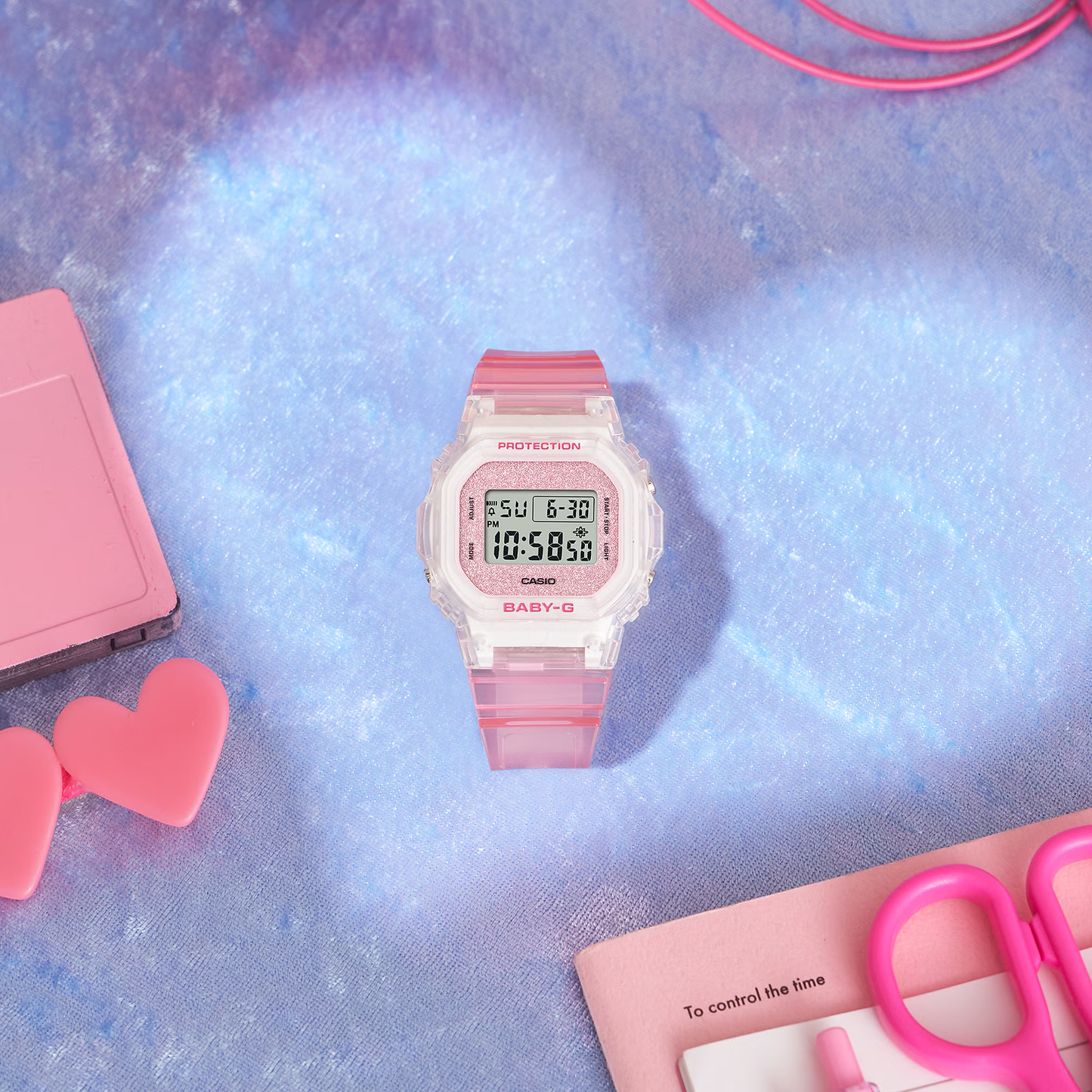 Casio BABY-G BGD-565 Series BGD565GC-4 – clear pink resin watch with glitter dial, compact and lightweight, shock-resistant, 100m water resistance, and Super Illuminator LED.