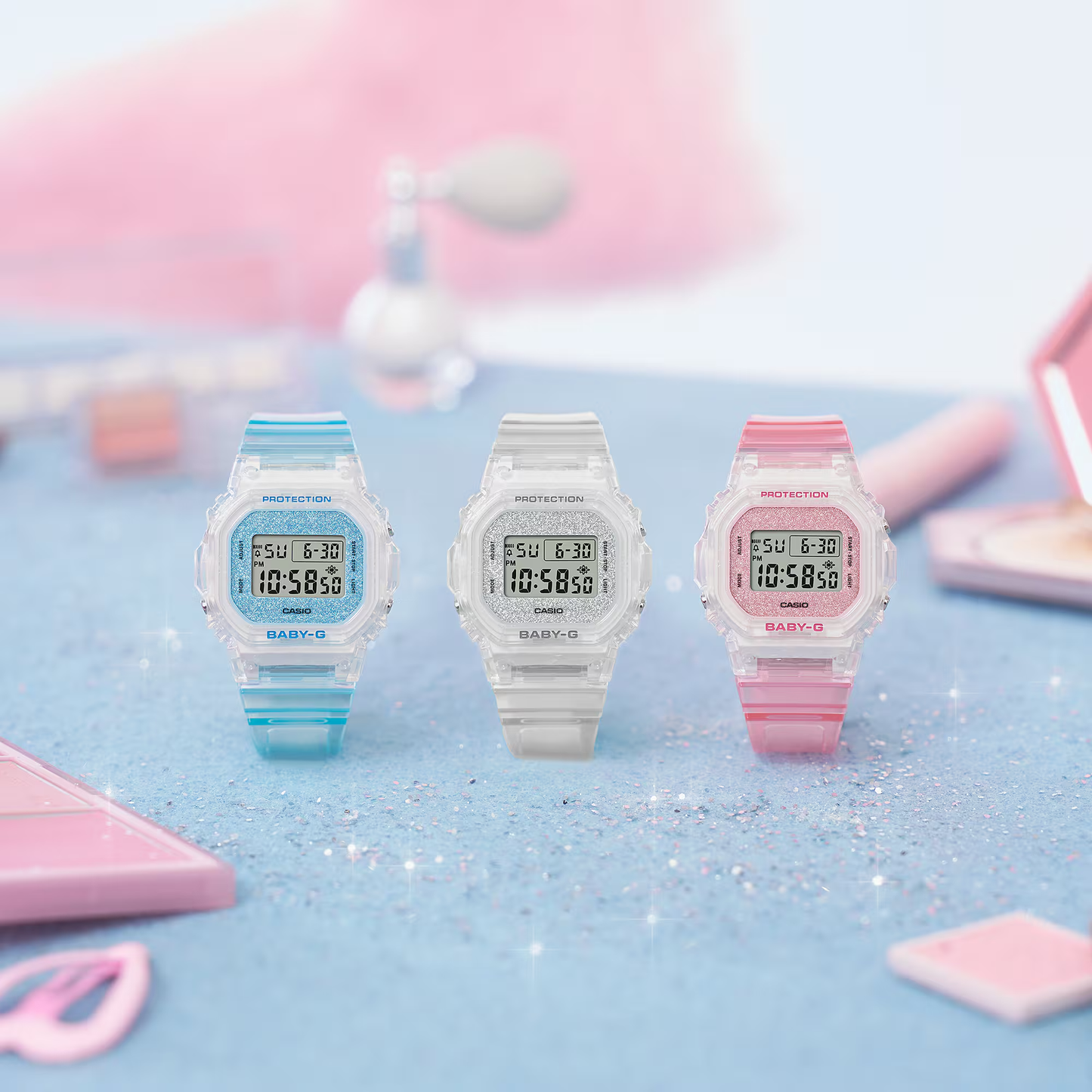 Casio BABY-G BGD-565 Series BGD565GC-4 – clear pink resin watch with glitter dial, compact and lightweight, shock-resistant, 100m water resistance, and Super Illuminator LED.