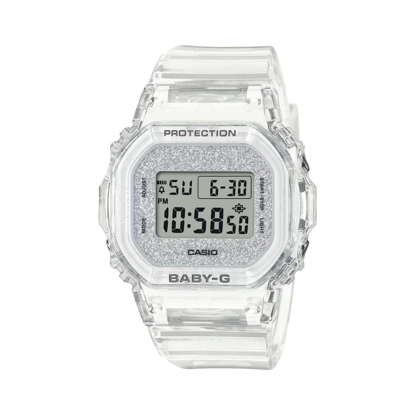 Casio BABY-G BGD-565 Series BGD565GC-7 – translucent resin design with glitter dial, compact and lightweight, shock-resistant, 100m water resistance, and Super Illuminator LED.
