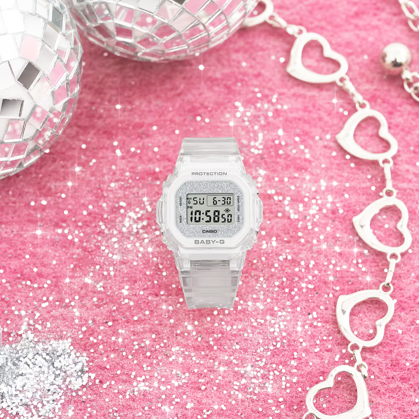 Casio BABY-G BGD-565 Series BGD565GC-7 – translucent resin design with glitter dial, compact and lightweight, shock-resistant, 100m water resistance, and Super Illuminator LED.