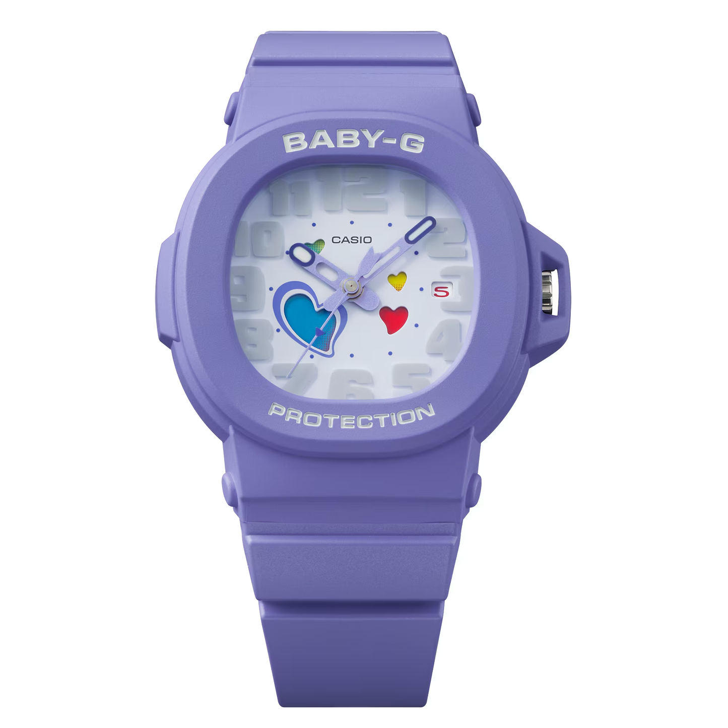Purple Casio Baby-G watch with colorful heart design on a white background