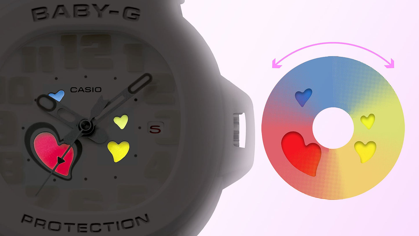 Casio Baby-G watch with heart-shaped markers and a color wheel showing heart colors.