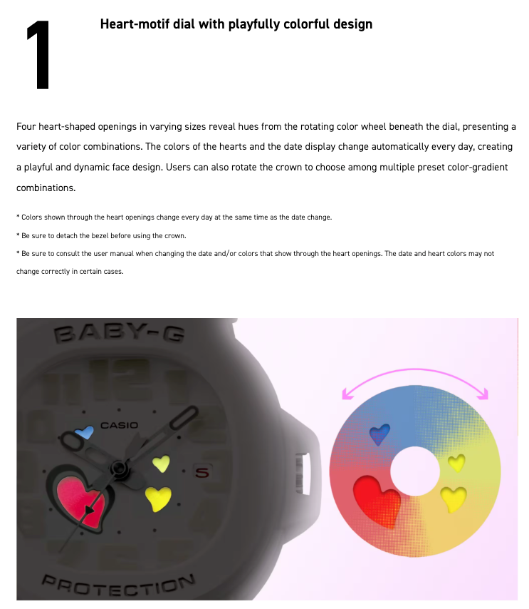 Casio watch with heart-shaped color openings and a color wheel on a white background