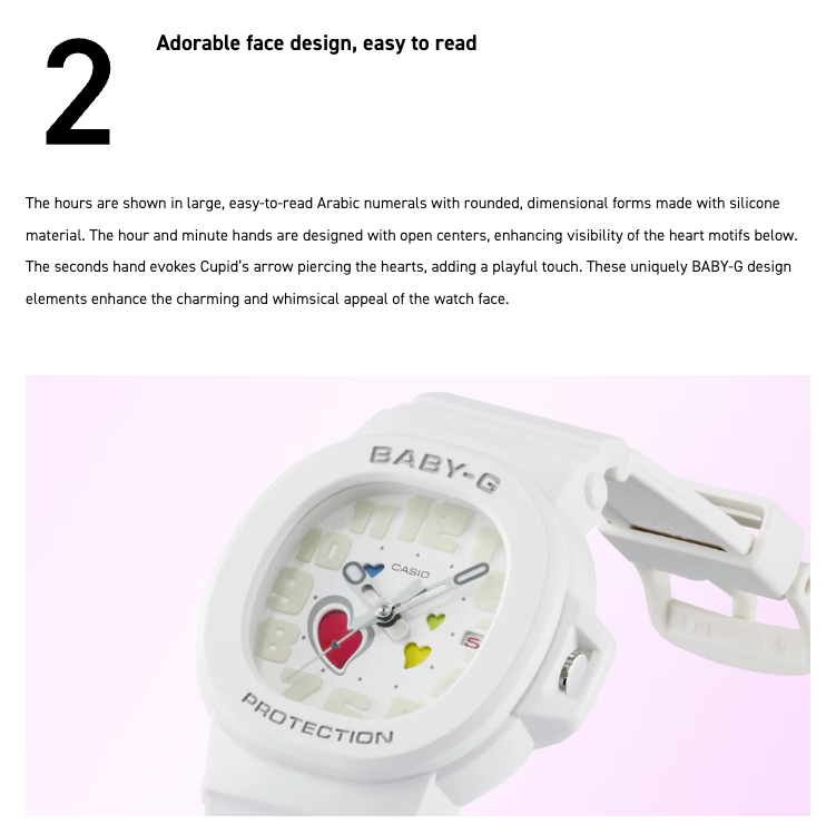 White Casio BABY-G watch with heart design on a light pink background