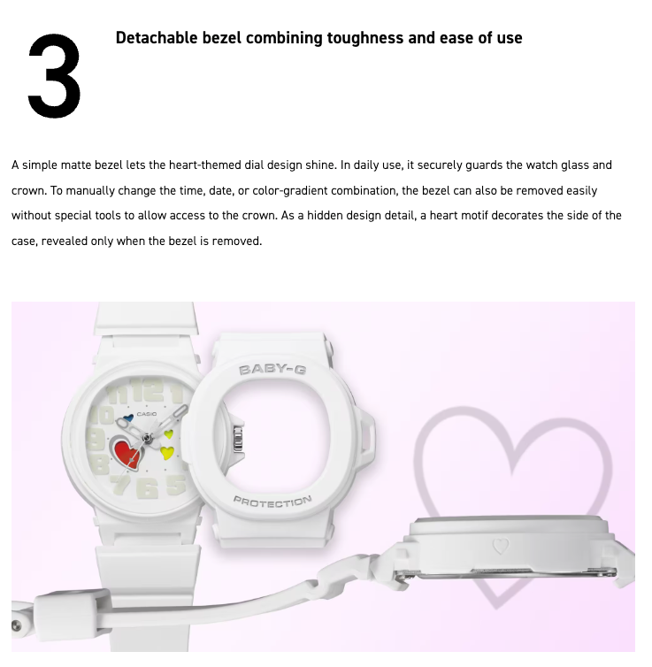 White baby-g watch with detachable bezel on a light pink background
