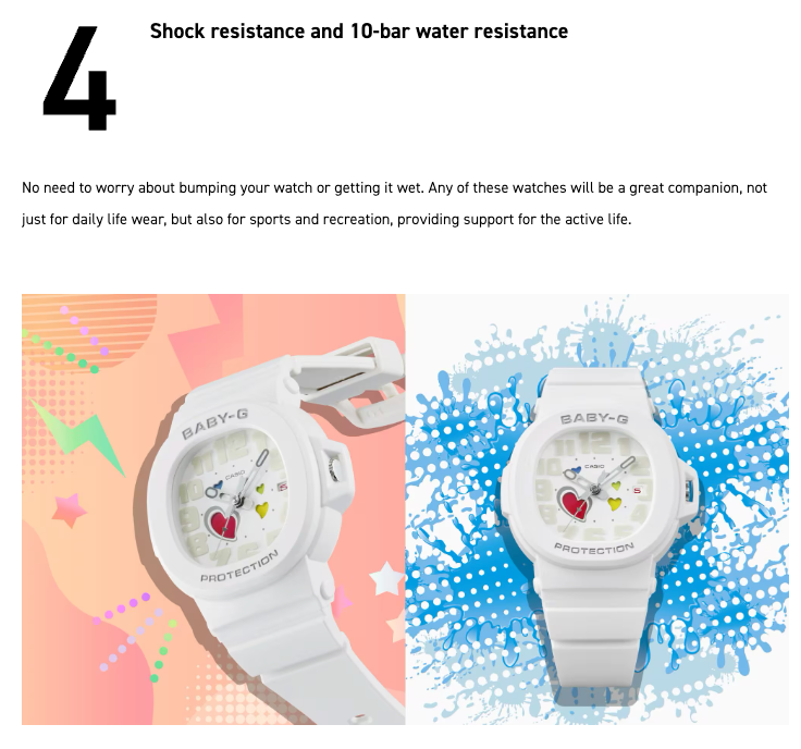 Two BABY-G watches on colorful backgrounds with text about shock resistance and water resistance.