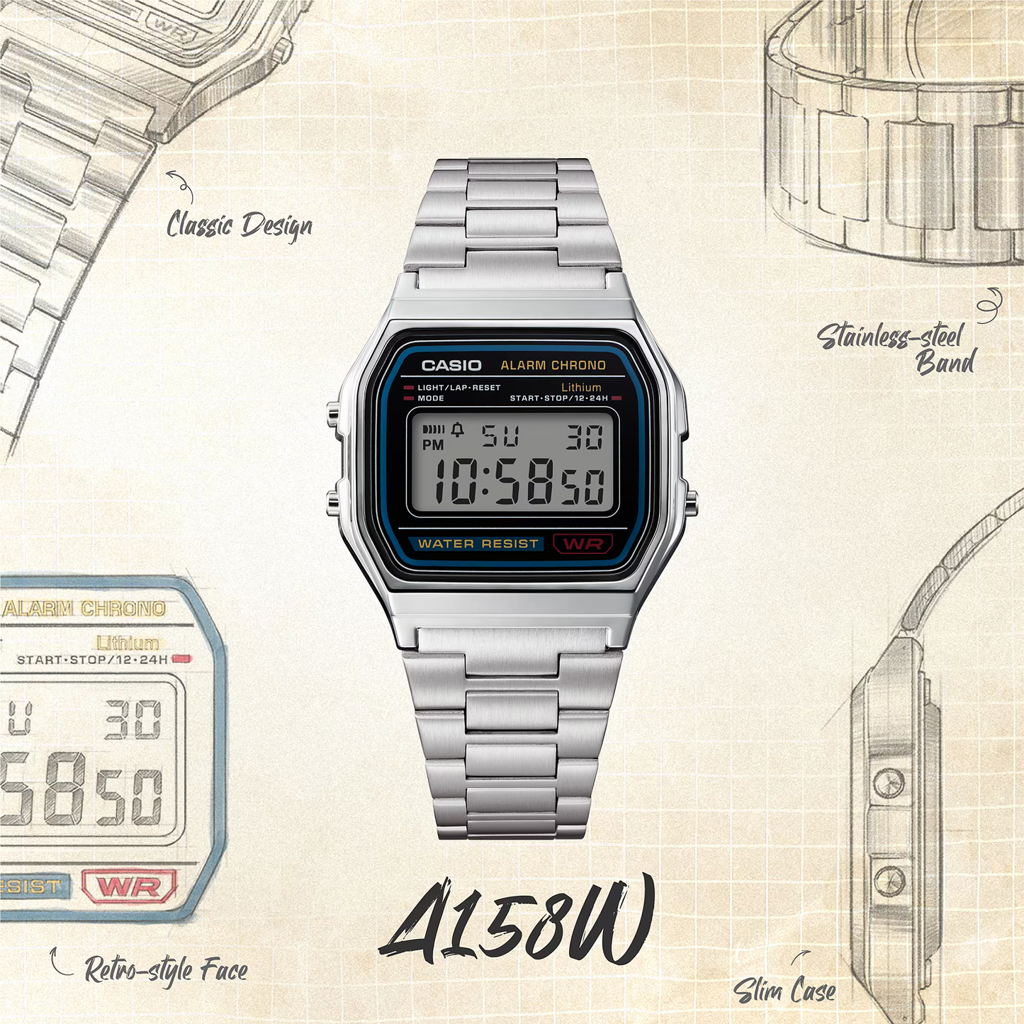 Casio digital watch with a retro-style face on a technical drawing background