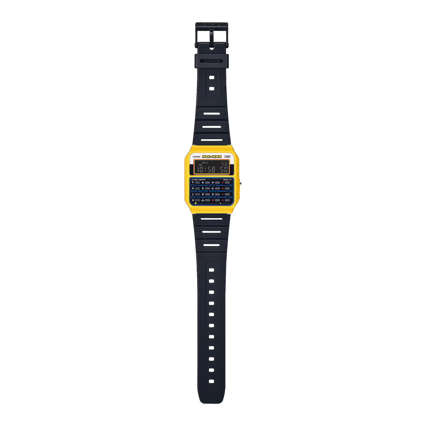 Casio CA53WPC-1B PAC-MAN collaboration watch. Retro arcade-inspired design with an 8-digit calculator, dual time, water resistance, and bio-based resin band. Engraved PAC-MAN case back adds nostalgic charm.