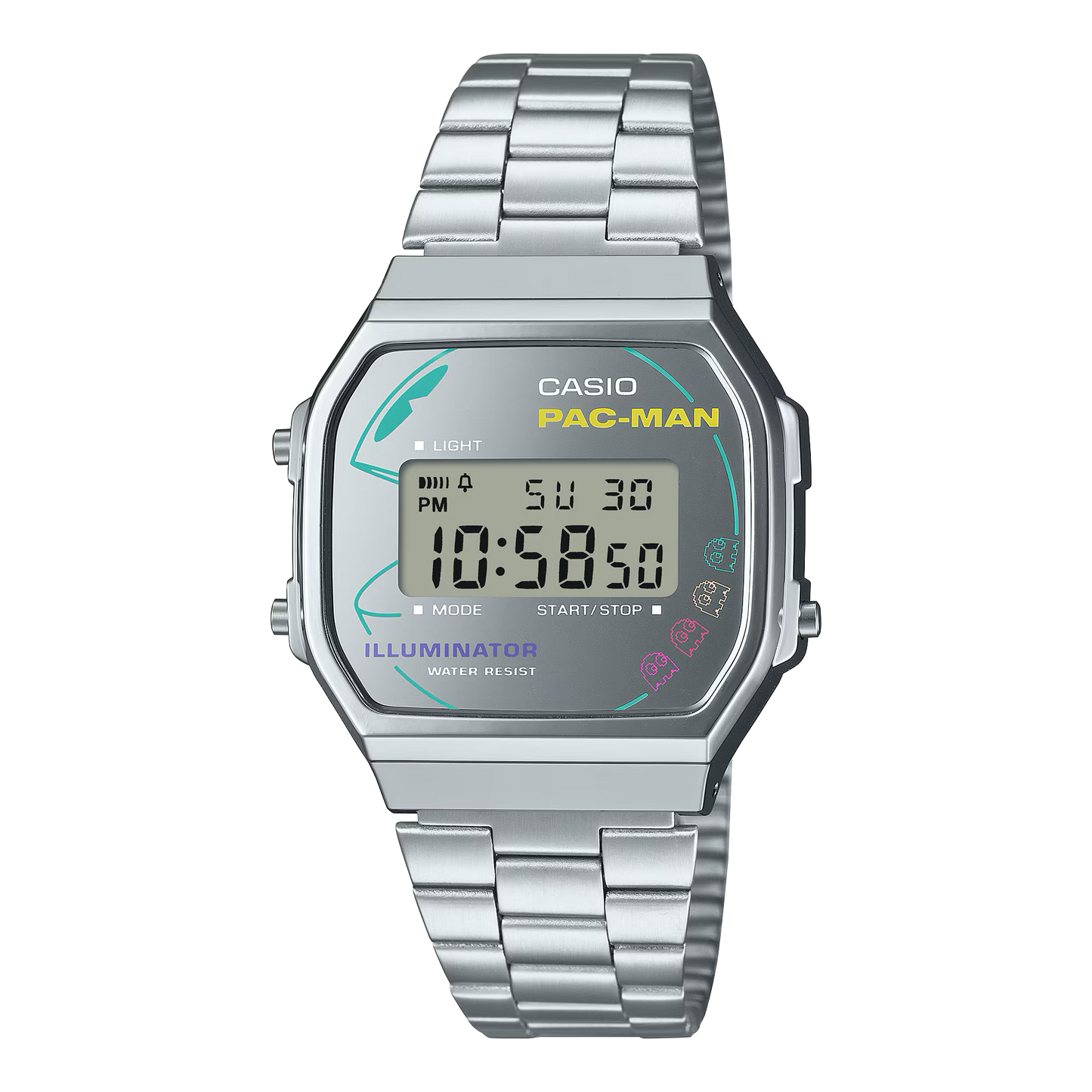 Casio Vintage PAC-MAN Collaboration A168WEPC-7A - 38.6mm Silver Stainless Steel Digital Watch, EL Backlight, PAC-MAN Graphics, Limited Edition