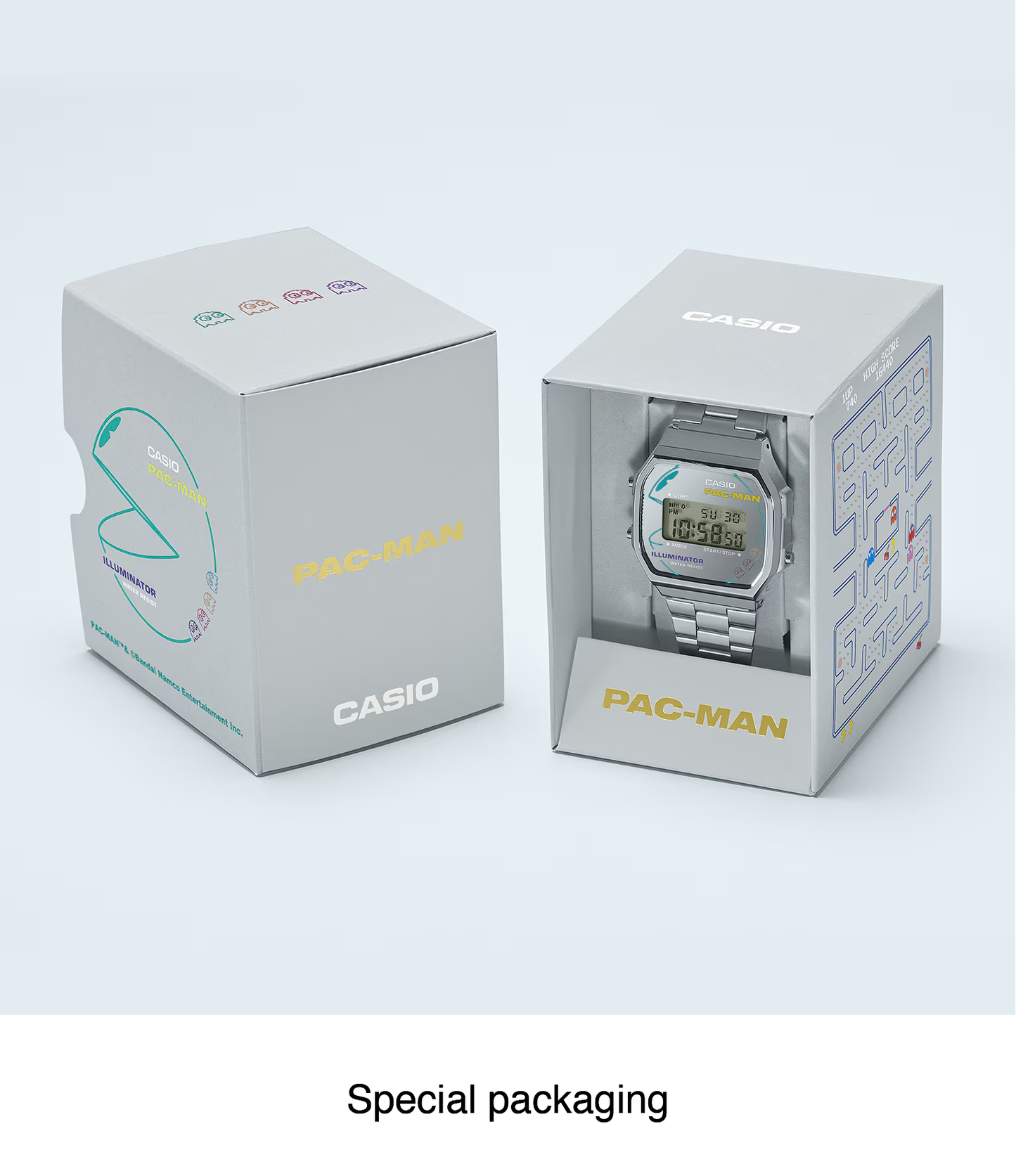 Casio Vintage PAC-MAN Collaboration A168WEPC-7A - 38.6mm Silver Stainless Steel Digital Watch, EL Backlight, PAC-MAN Graphics, Limited Edition