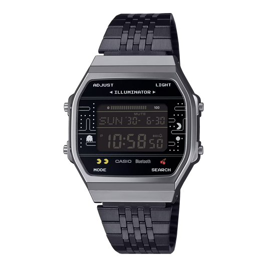 Casio Vintage PAC-MAN Collaboration ABL100WEPC-1B - 41.6mm Black Ion-Plated Stainless Steel Watch, Bluetooth, Step Counter, LED Backlight