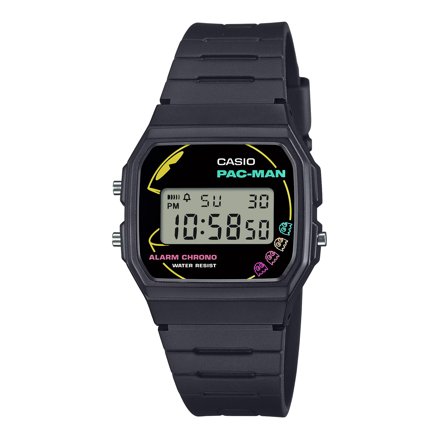 Casio Standard F91WPC-1A - 38.2mm PAC-MAN Collaboration Digital Watch, Black Resin Case, Bio-Based Band, LED Light, 7-Year Battery
