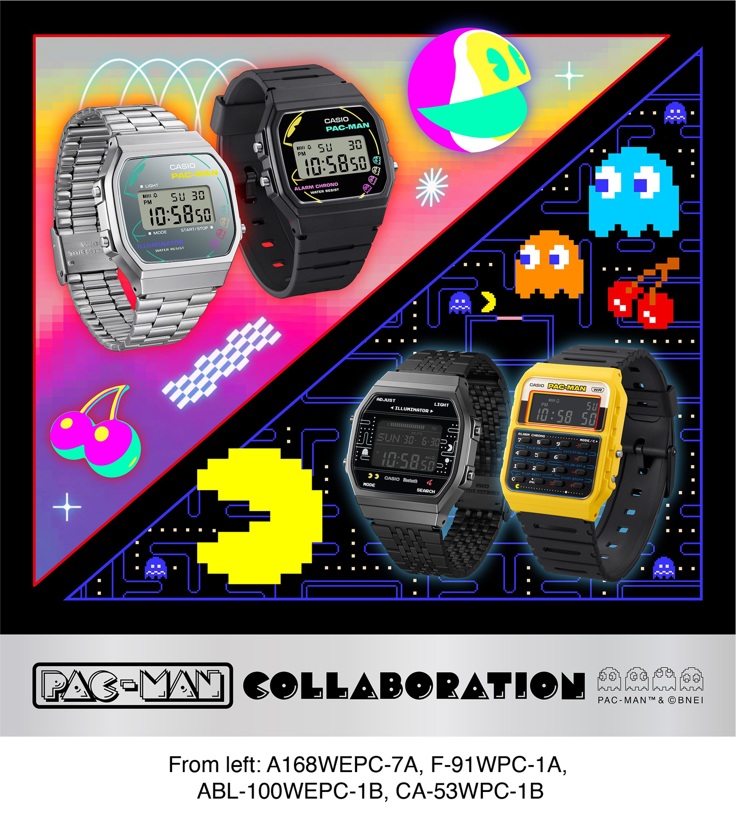 Casio Standard F91WPC-1A - 38.2mm PAC-MAN Collaboration Digital Watch, Black Resin Case, Bio-Based Band, LED Light, 7-Year Battery