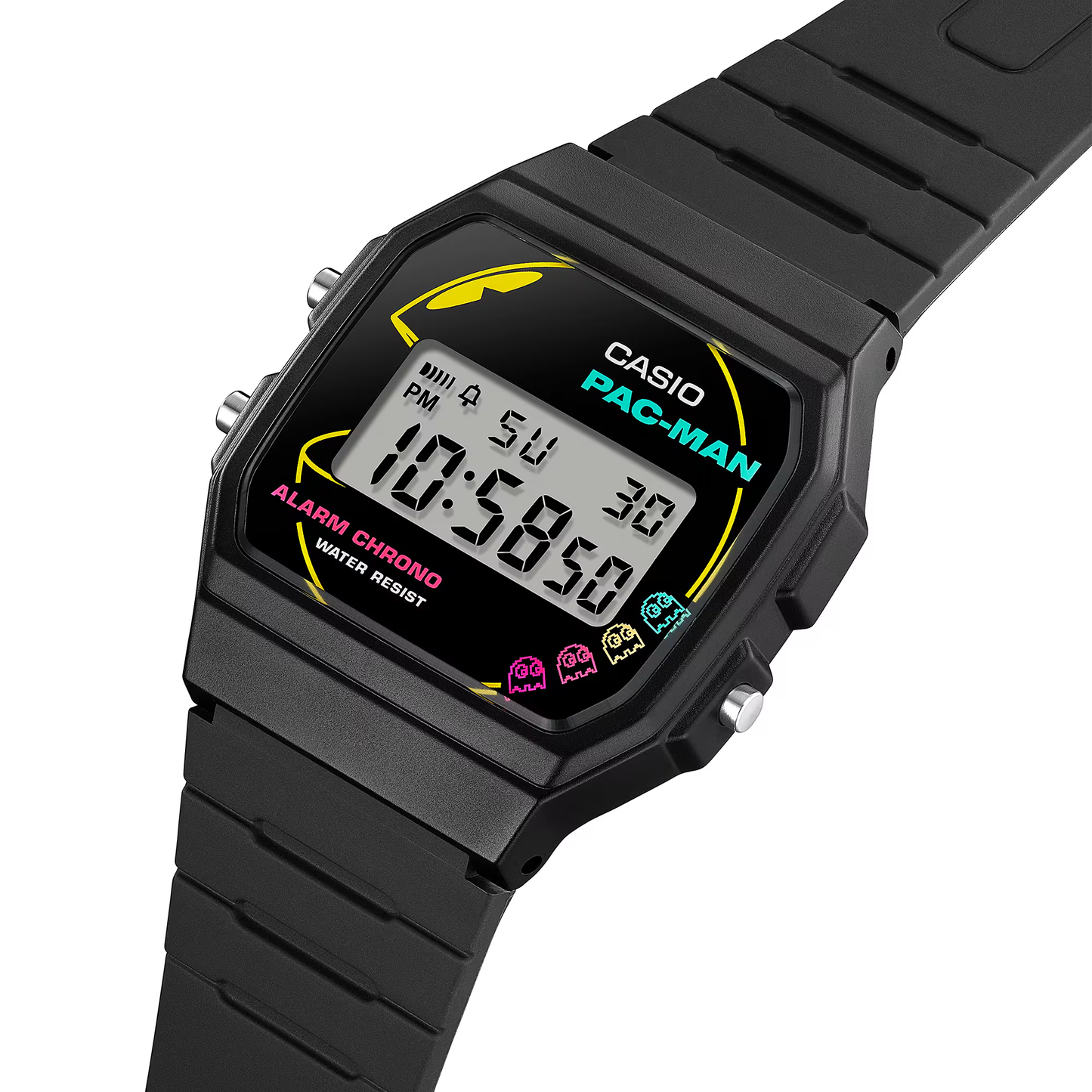 Casio Standard F91WPC-1A - 38.2mm PAC-MAN Collaboration Digital Watch, Black Resin Case, Bio-Based Band, LED Light, 7-Year Battery