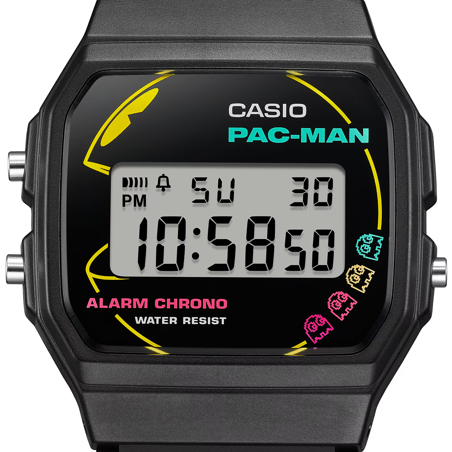 Casio Standard F91WPC-1A - 38.2mm PAC-MAN Collaboration Digital Watch, Black Resin Case, Bio-Based Band, LED Light, 7-Year Battery