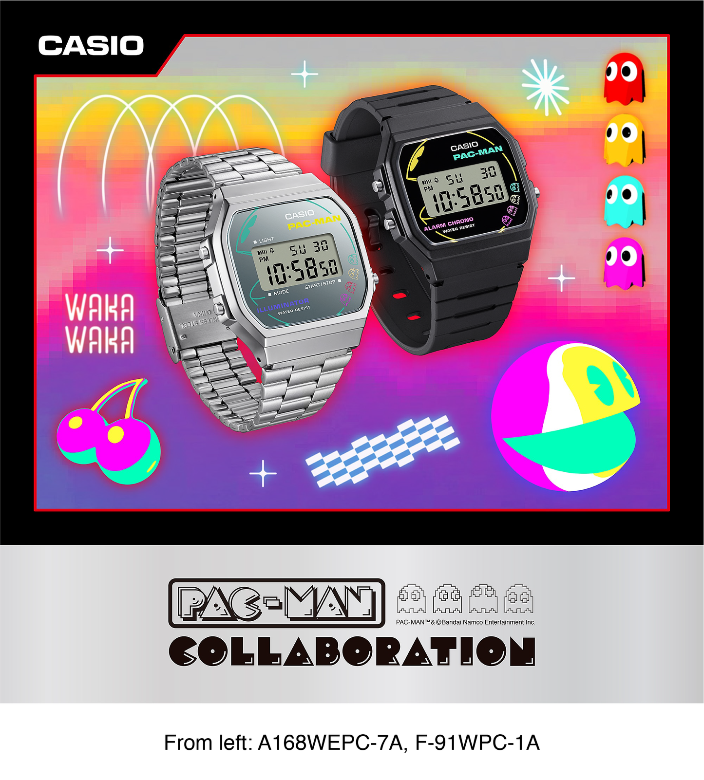 Casio Standard F91WPC-1A - 38.2mm PAC-MAN Collaboration Digital Watch, Black Resin Case, Bio-Based Band, LED Light, 7-Year Battery