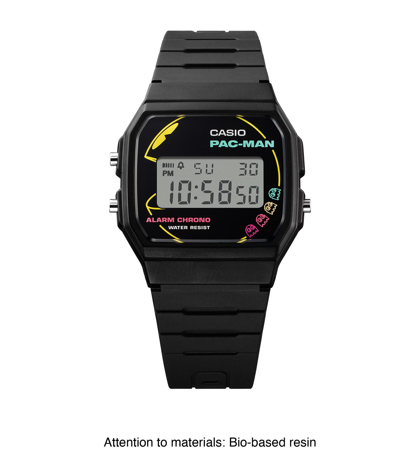 Casio Standard F91WPC-1A - 38.2mm PAC-MAN Collaboration Digital Watch, Black Resin Case, Bio-Based Band, LED Light, 7-Year Battery