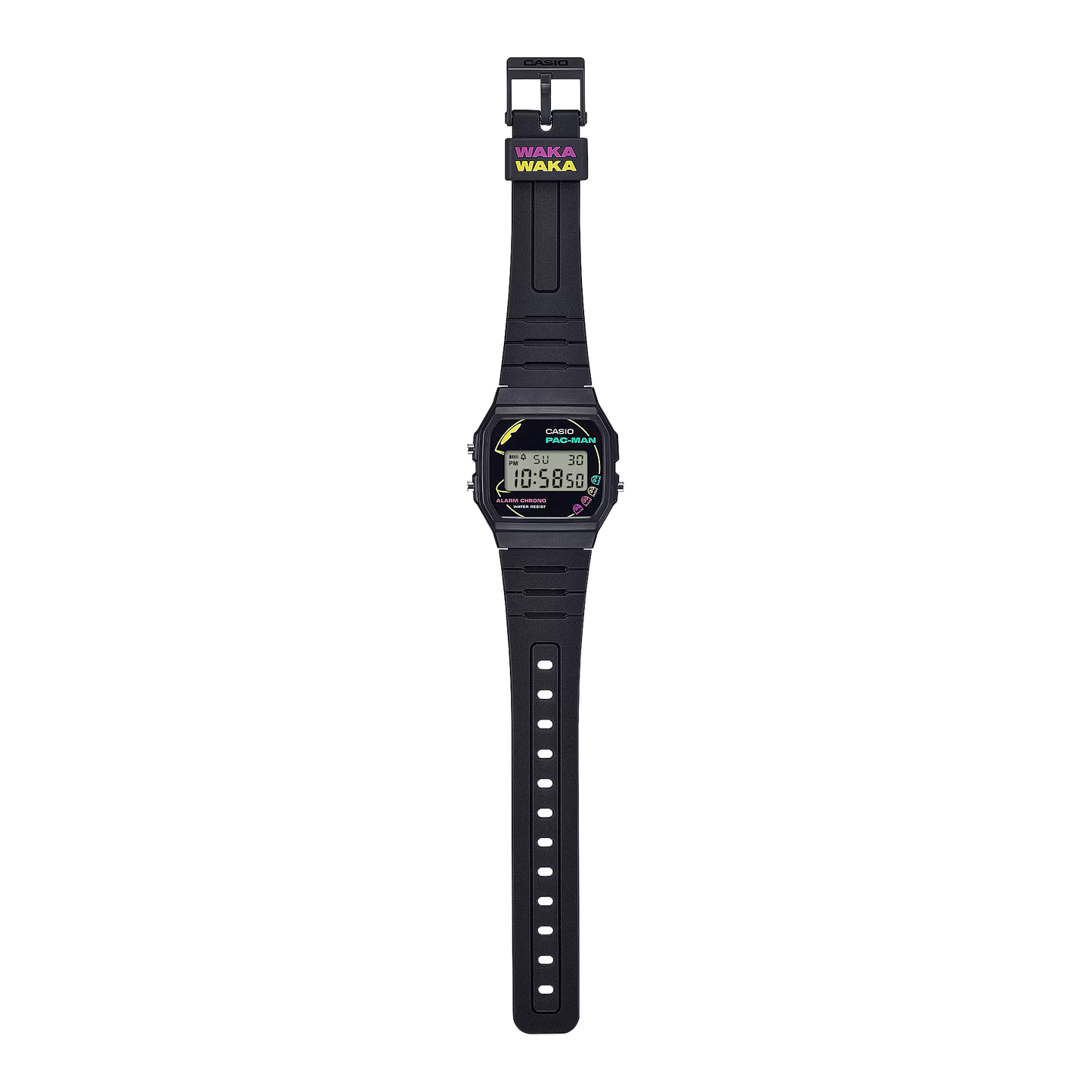 Casio Standard F91WPC-1A - 38.2mm PAC-MAN Collaboration Digital Watch, Black Resin Case, Bio-Based Band, LED Light, 7-Year Battery