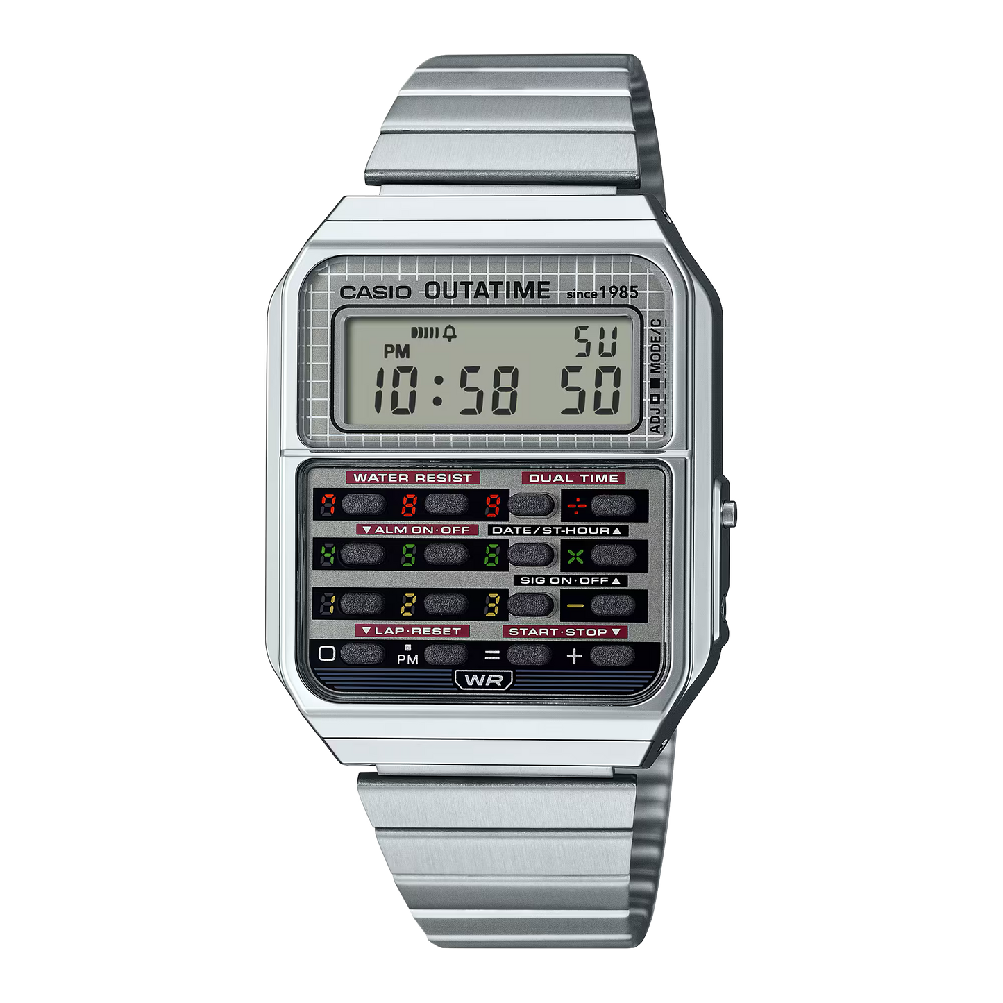 Casio Vintage Back to the Future watch (Model CA500WEBF-1A). Features 43.2 × 34.4 mm resin case, stainless-steel band with Back to the Future logo buckle, and engraved case back showing the Flux Capacitor. Inspired by the DeLorean’s time circuits with colorful calculator buttons, dual time, 8-digit calculator, stopwatch, alarm, and full auto-calendar. Includes special VHS-style packaging and approx. 5-year battery life.