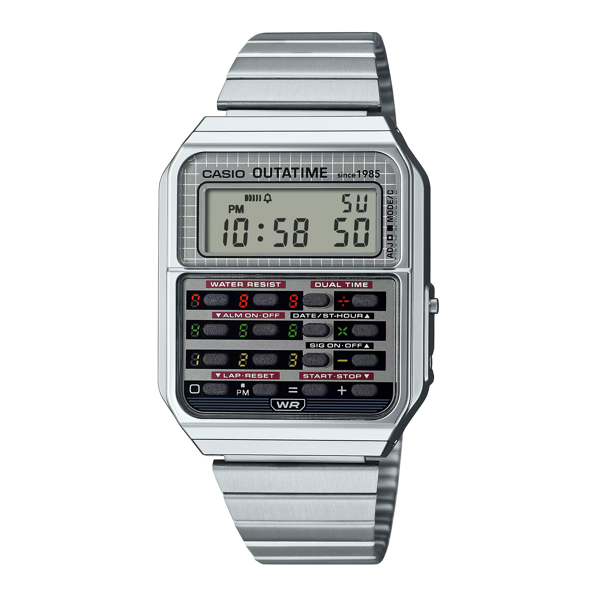 Casio Vintage Back to the Future watch (Model CA500WEBF-1A). Features 43.2 × 34.4 mm resin case, stainless-steel band with Back to the Future logo buckle, and engraved case back showing the Flux Capacitor. Inspired by the DeLorean’s time circuits with colorful calculator buttons, dual time, 8-digit calculator, stopwatch, alarm, and full auto-calendar. Includes special VHS-style packaging and approx. 5-year battery life.
