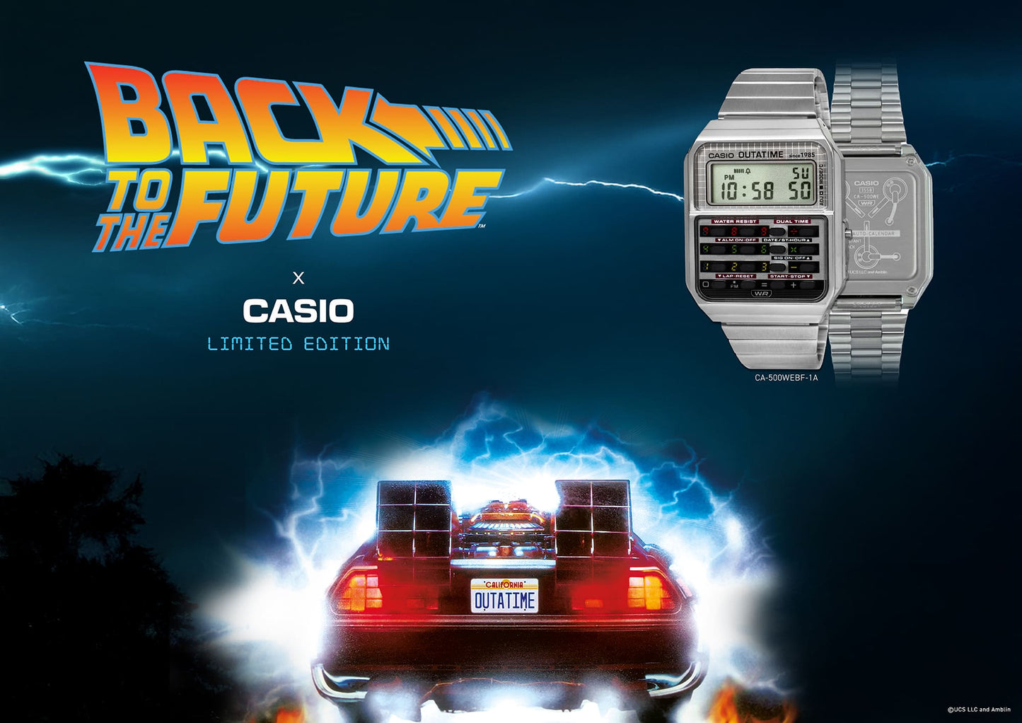 Casio watch with 'Back to the Future' logo and DeLorean car in background