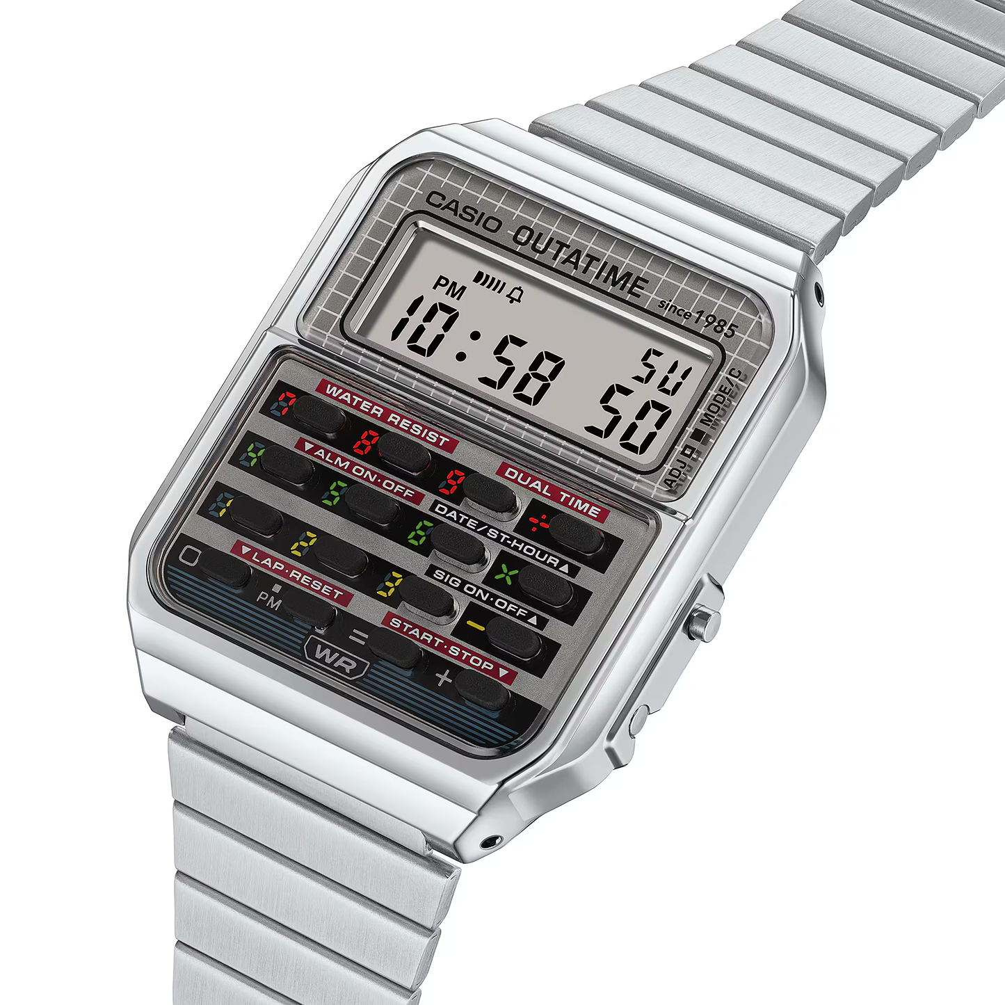 Silver Casio digital watch on a white background