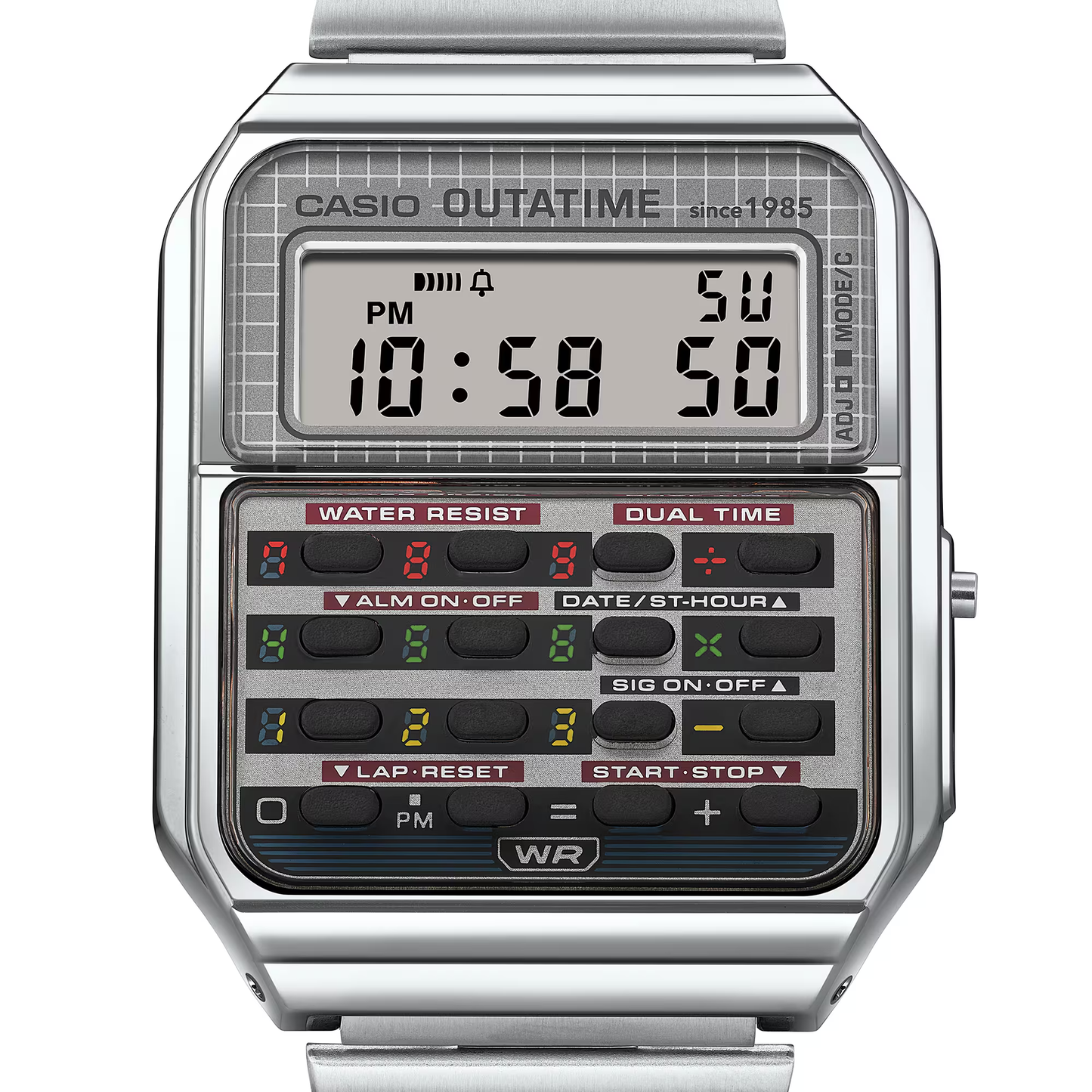 Casio digital watch with a white strap on a white background