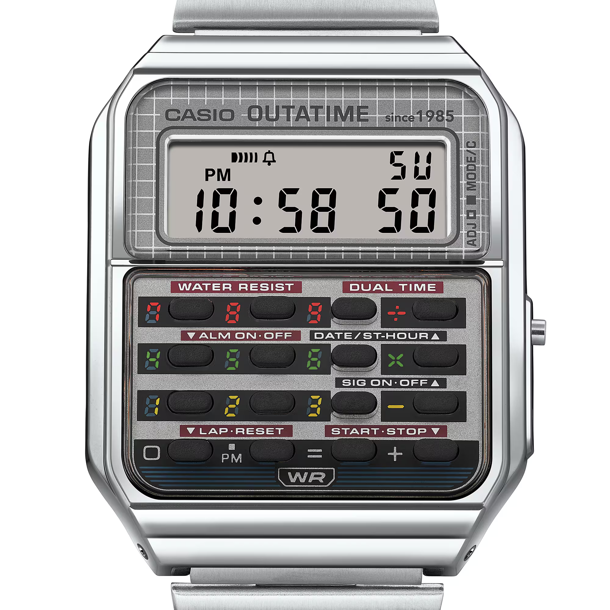 Casio digital watch with a white strap on a white background