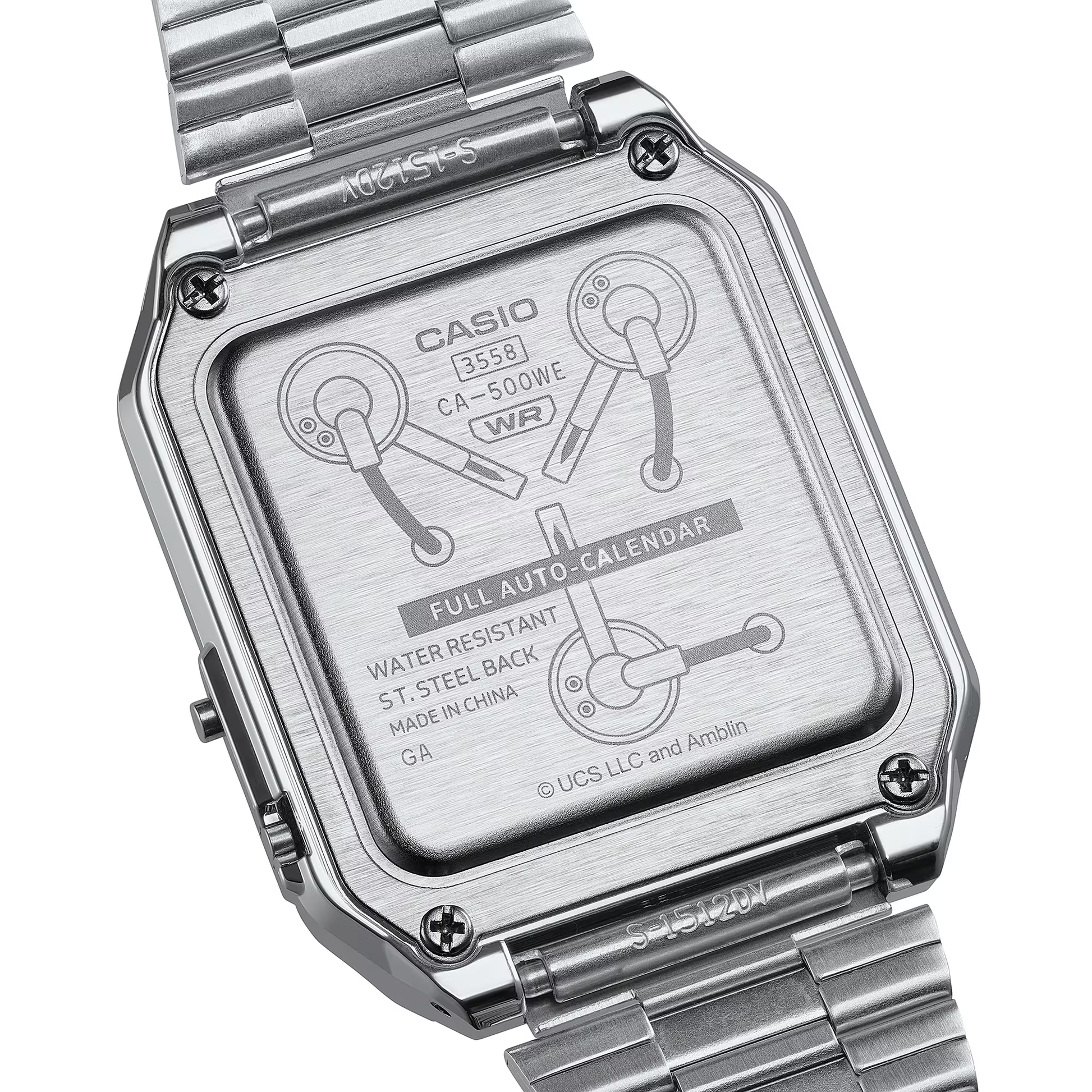 Silver Casio watch with detailed face on a white background