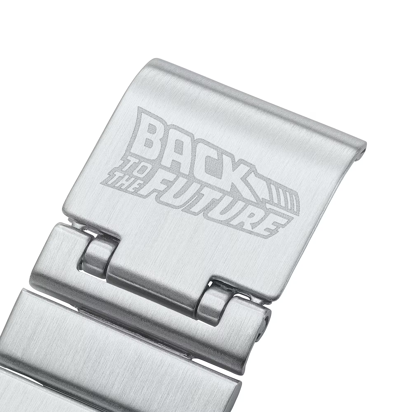 Metallic clip with 'Back to the Future' branding on a white background