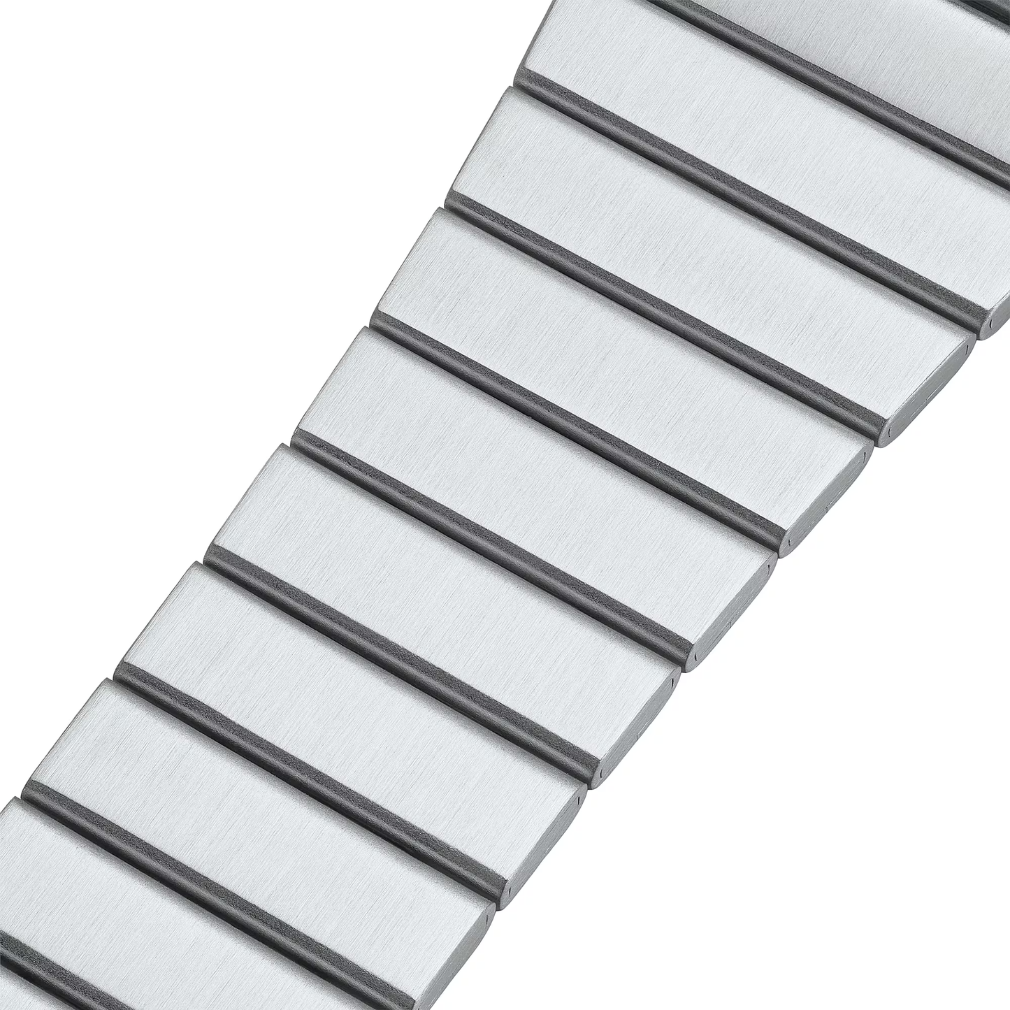 Close-up of a silver metal watch band on a white background