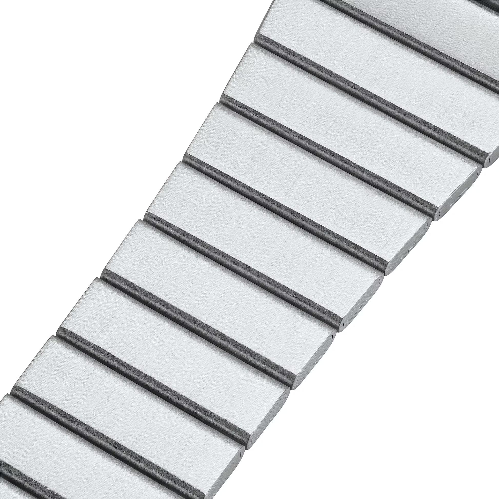 Close-up of a silver metal watch band on a white background