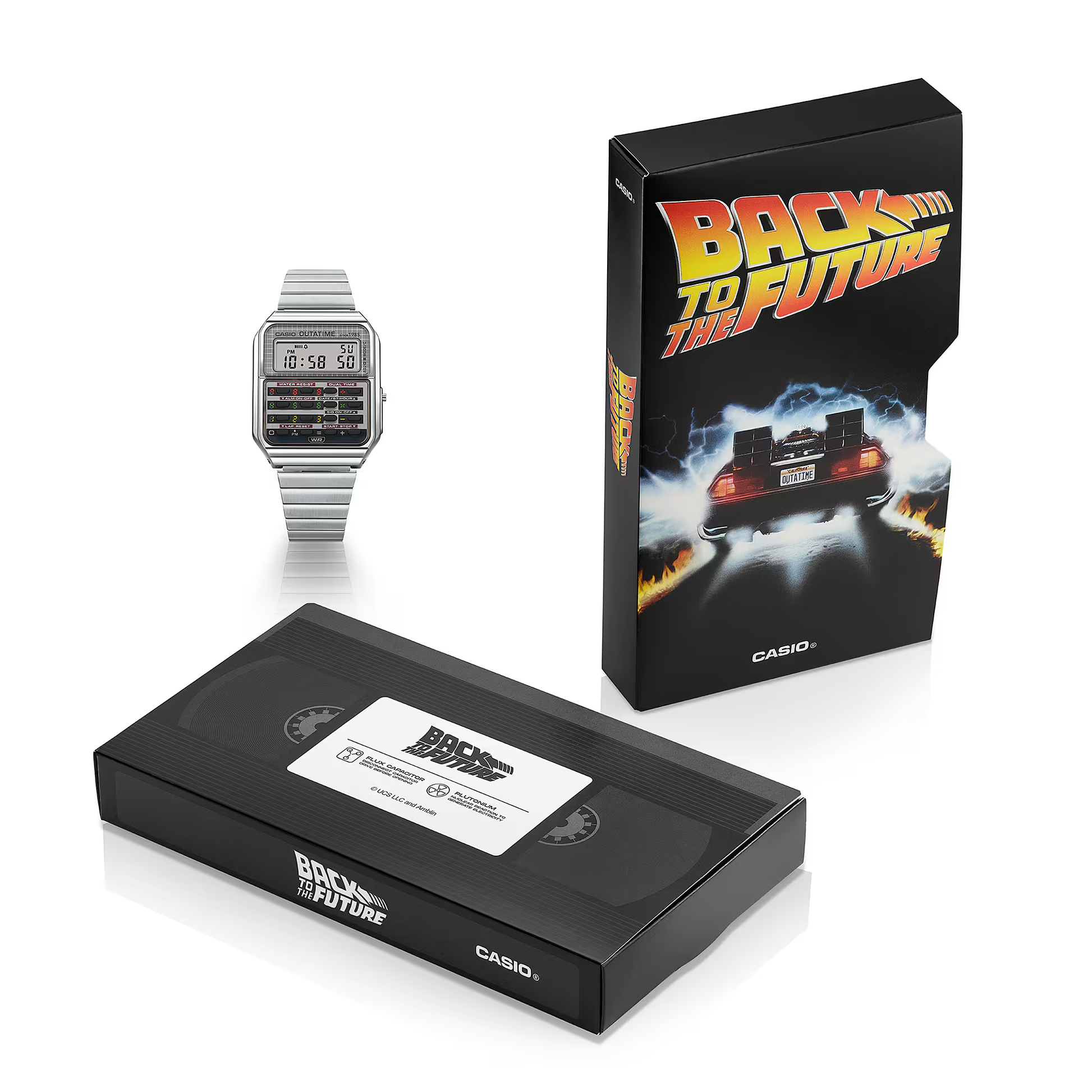 Casio digital watch with 'Back to the Future' packaging on a white background