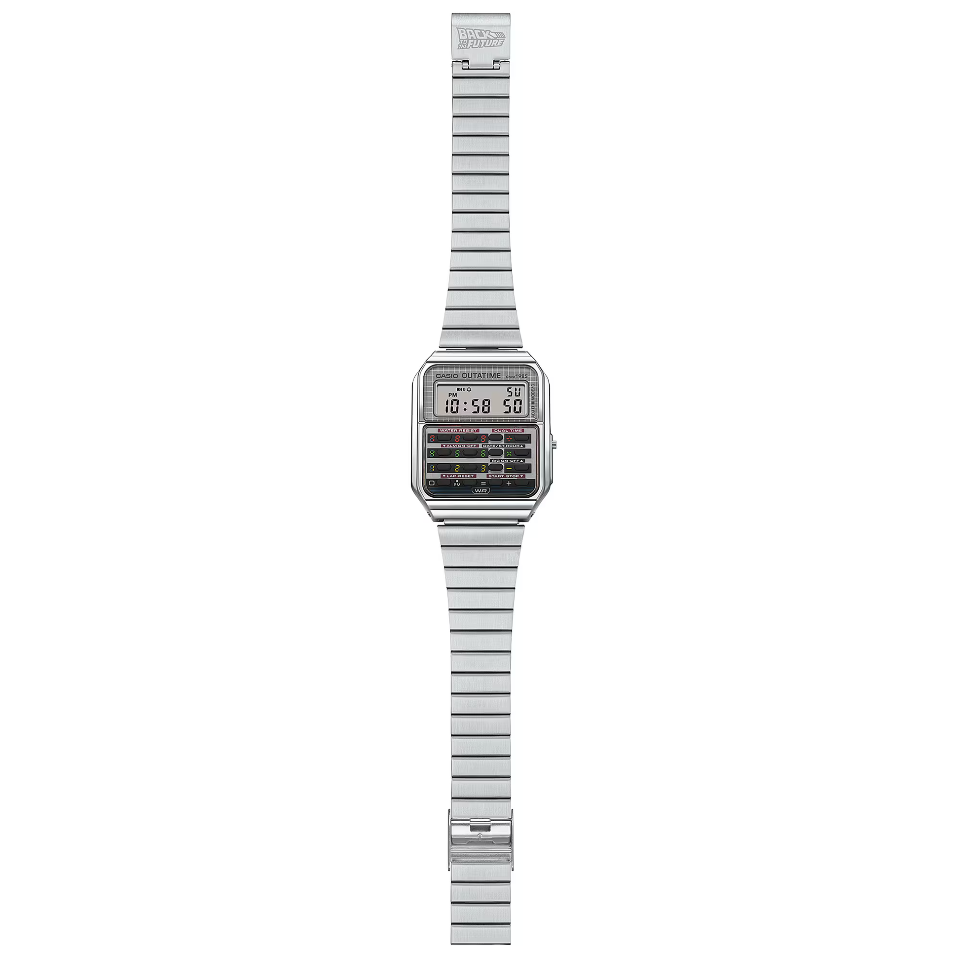 Digital watch with a silver strap on a white background