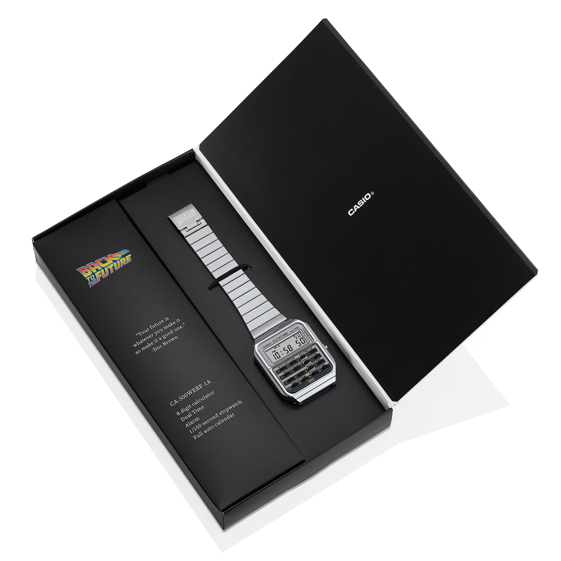 Casio digital watch in a black box with 'Back to the Future' branding